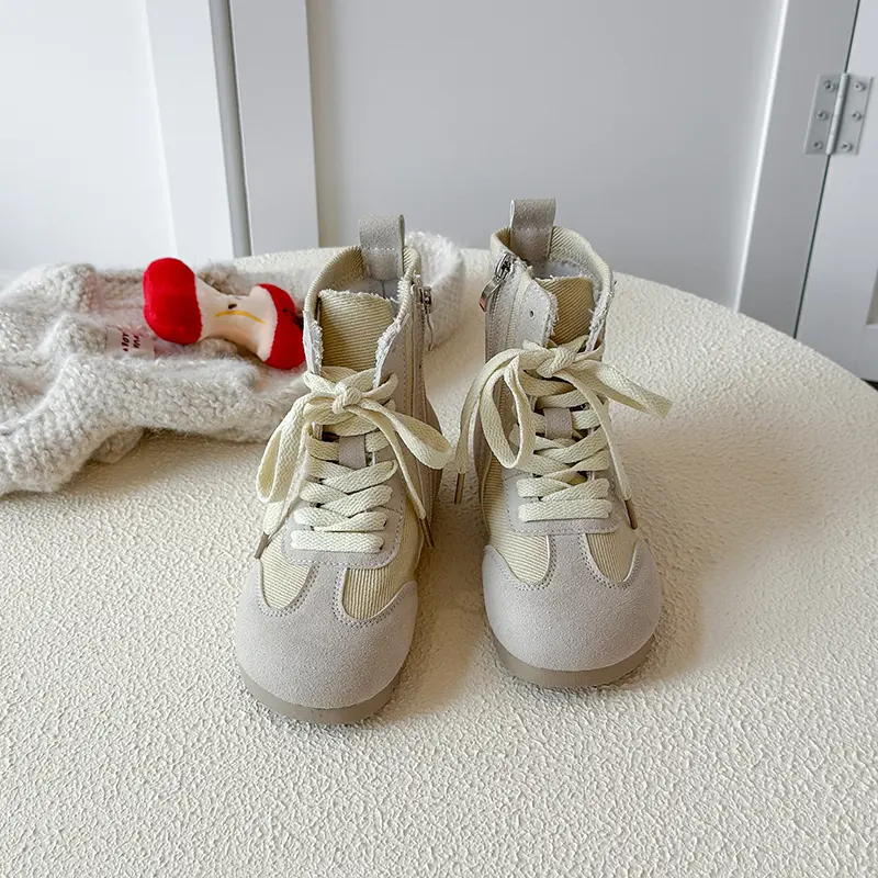 Fashion Long Canvas Boots for Kids Autumn Versatile Soft Sole Children Boot Suede Leahter Platform Shoes Girl Boy Sneaker I08054