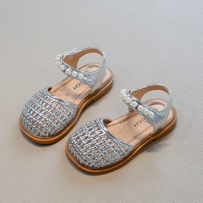 Retro Girl's Woven Toes Sandals Children's Princess Shoes Girls Snandals Summer PU Leather Beading Students Shoes Sandals I06103