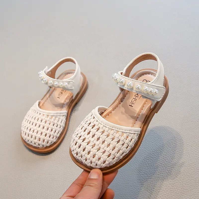 Retro Girl's Woven Toes Sandals Children's Princess Shoes Girls Snandals Summer PU Leather Beading Students Shoes Sandals I06103