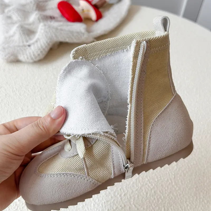 Fashion Long Canvas Boots for Kids Autumn Versatile Soft Sole Children Boot Suede Leahter Platform Shoes Girl Boy Sneaker I08054