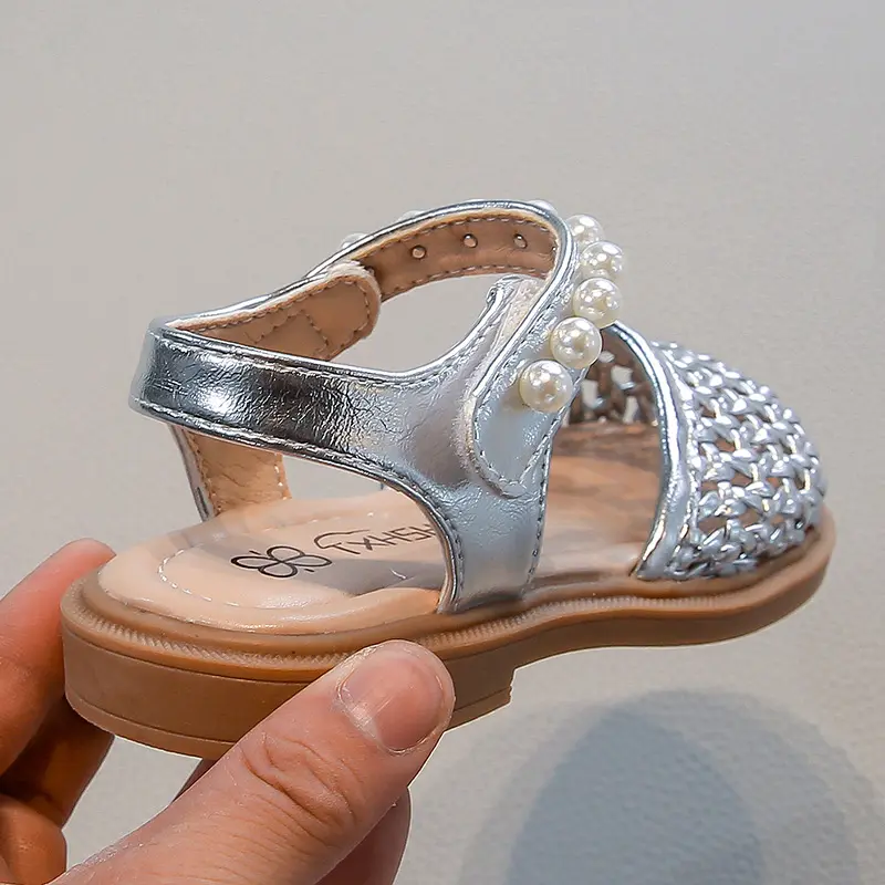Retro Girl's Woven Toes Sandals Children's Princess Shoes Girls Snandals Summer PU Leather Beading Students Shoes Sandals I06103