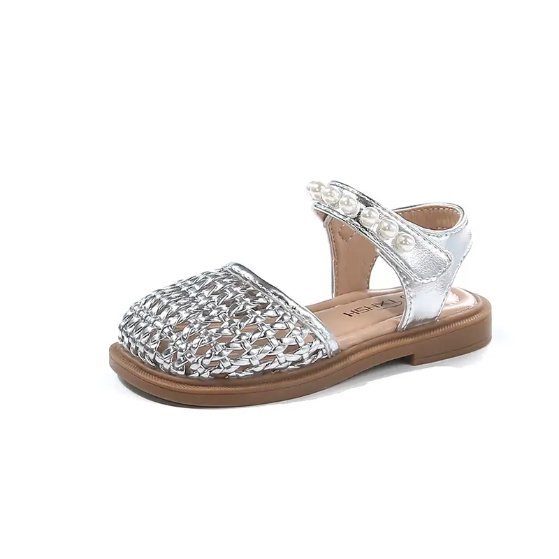 Retro Girl's Woven Toes Sandals Children's Princess Shoes Girls Snandals Summer PU Leather Beading Students Shoes Sandals I06103