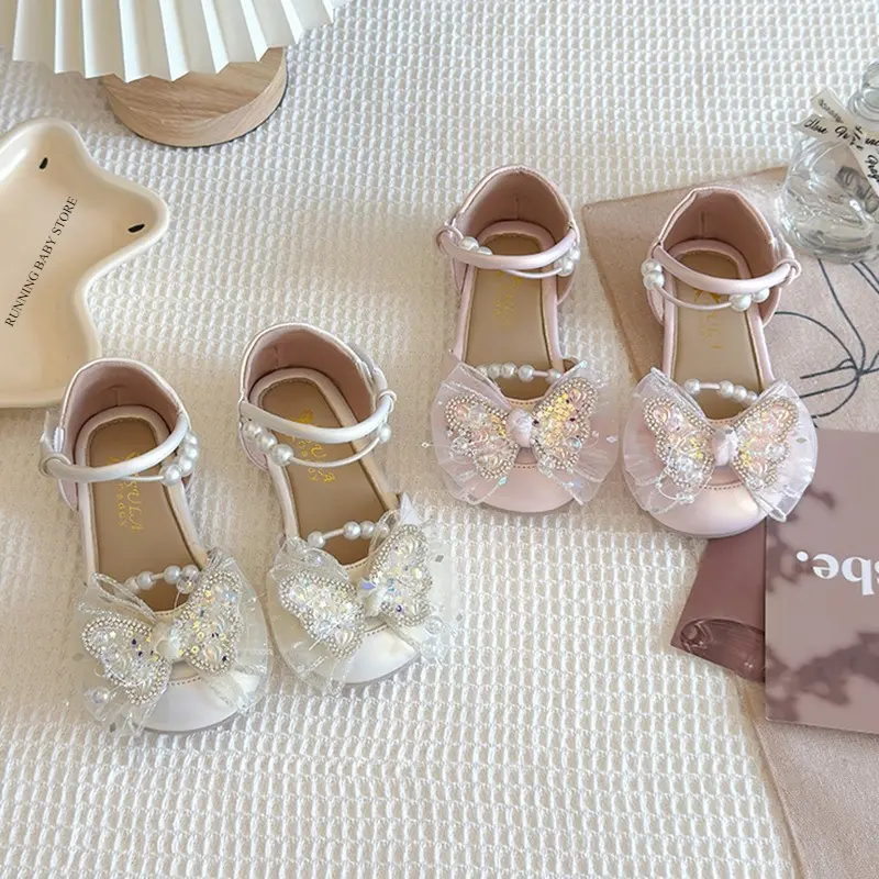 Charming Butterfly-knot Designs Princess Shoes Girl Sandals Sparkling Sequins Dress Shoes Delicate Tulle Bridesmaid Shoes I04021