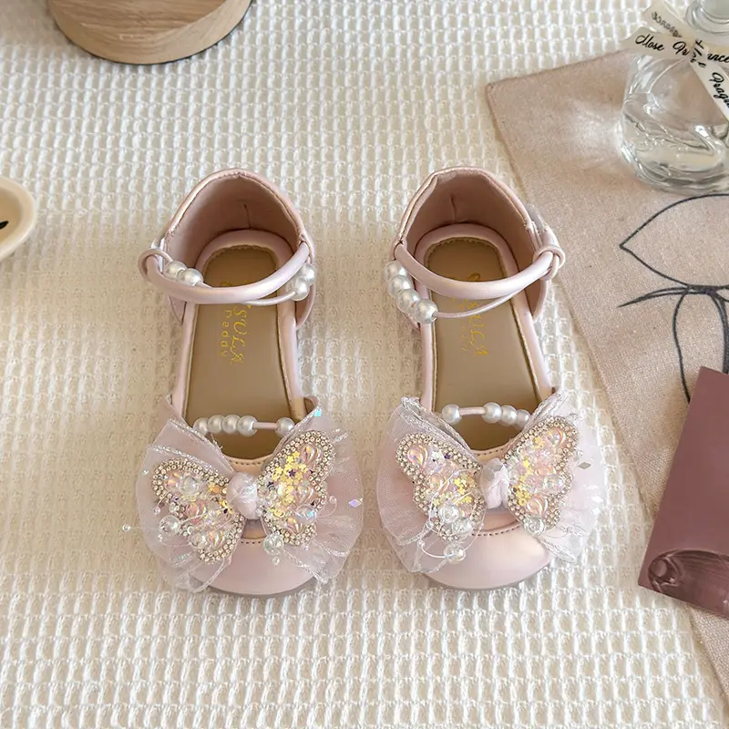 Charming Butterfly-knot Designs Princess Shoes Girl Sandals Sparkling Sequins Dress Shoes Delicate Tulle Bridesmaid Shoes I04021