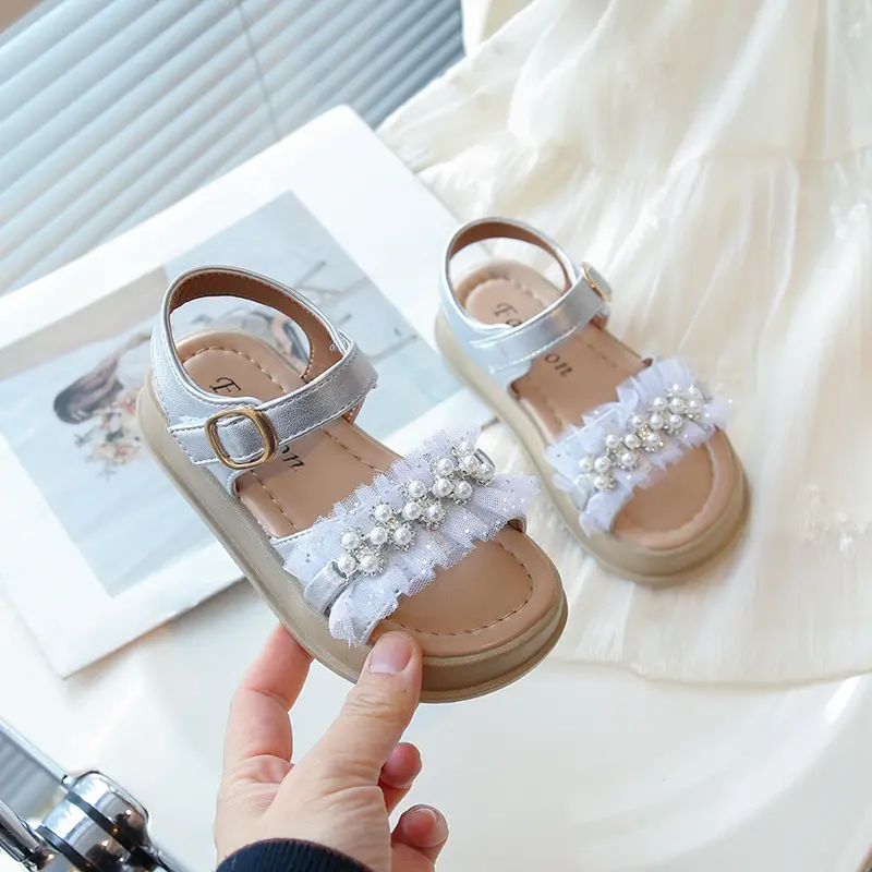 Girls Sandals 2025 Summer New Kids Fashion Ruffles Slingbacks Sweet Princess Beading Shoes Children Non-slip Dress Shoes I05183
