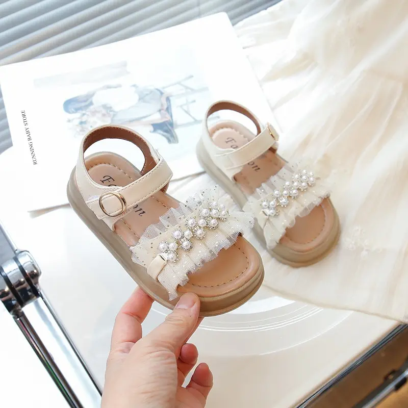Girls Sandals 2025 Summer New Kids Fashion Ruffles Slingbacks Sweet Princess Beading Shoes Children Non-slip Dress Shoes I05183