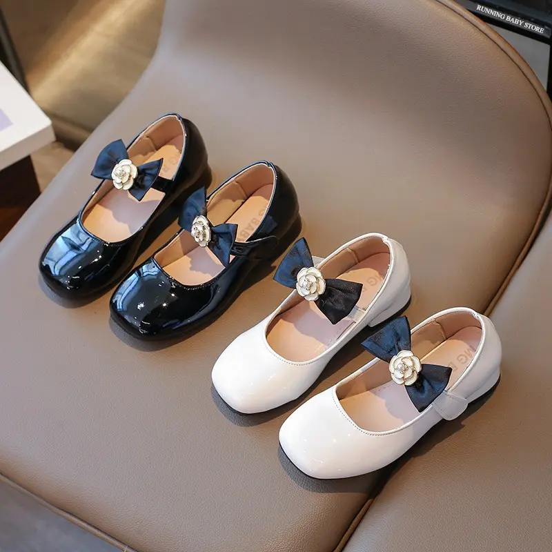 Bow Girls High Heels for Kids Princess Black Leather Shoes Footwear Party Wedding Shoes Beige Appliques Runway Shoes Girl I06274