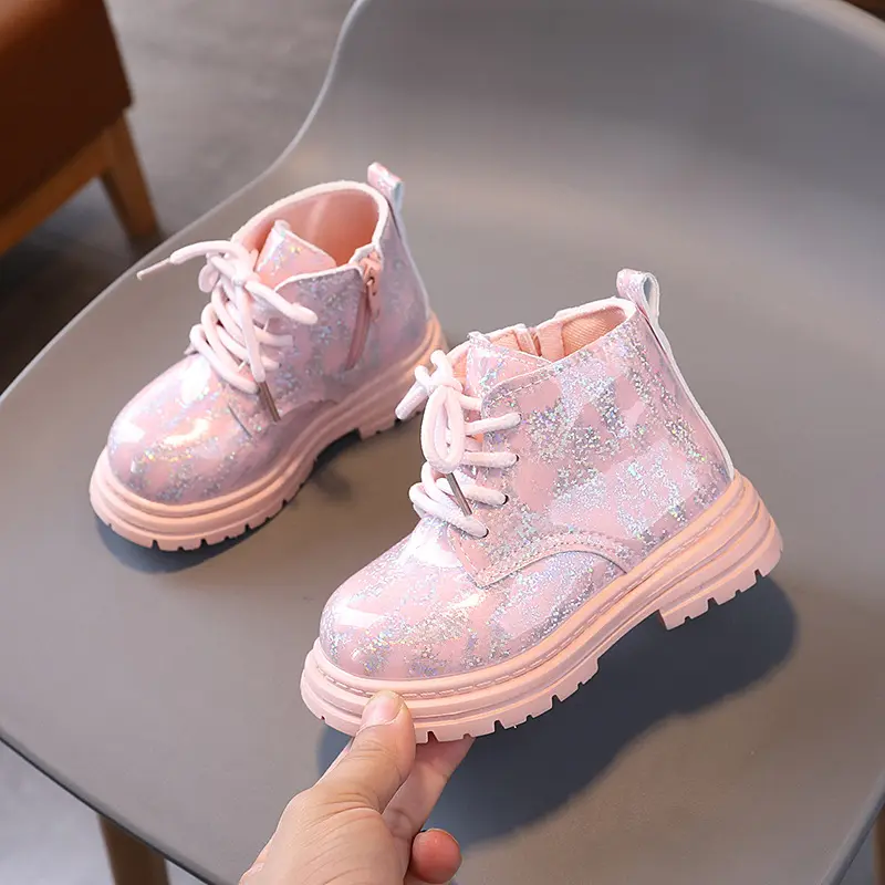 Fashion Ink Doodles Pattern Children Boots Smooth and Shiny Vamp Short Boots for Kids Girl Boy Lace Up Fall Platfrom Boot I07158