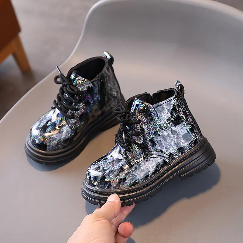 Fashion Ink Doodles Pattern Children Boots Smooth and Shiny Vamp Short Boots for Kids Girl Boy Lace Up Fall Platfrom Boot I07158