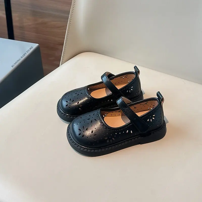 Spring Summer Kids Leather Shoes Fresh Cut-outs Flower Pattern Girls Princess Shoes Little Girls Single Shoes for Wedding I01031