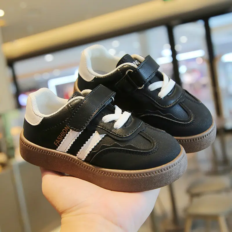 Boy Girl Patchwork Shoes Black Beige Stripes Kids Spring Autumn Baby Kid Casual Sports Shoes Flats Heel Children Sneakers H07173