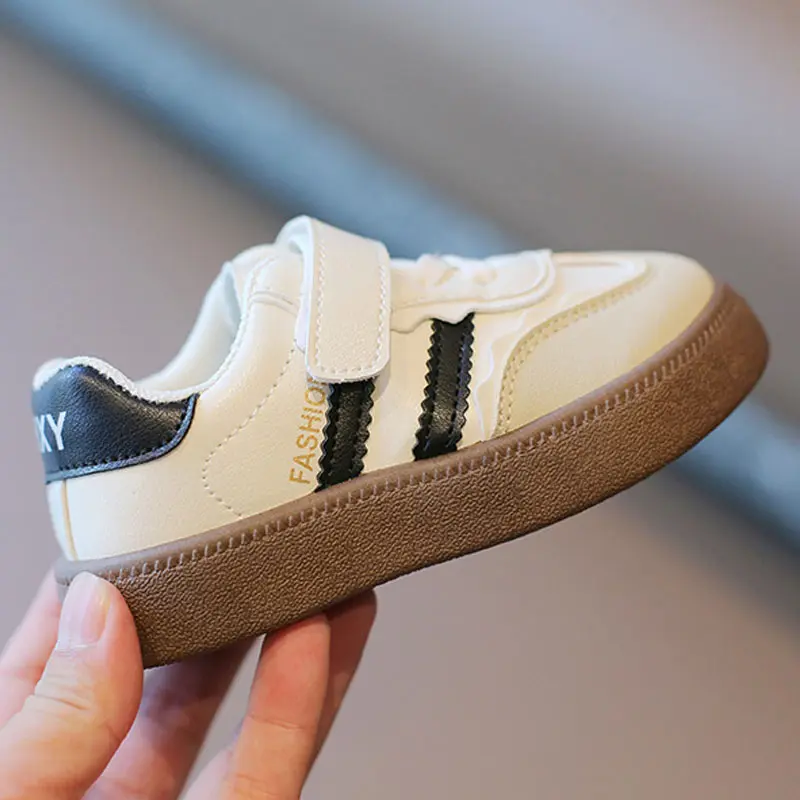 Boy Girl Patchwork Shoes Black Beige Stripes Kids Spring Autumn Baby Kid Casual Sports Shoes Flats Heel Children Sneakers H07173