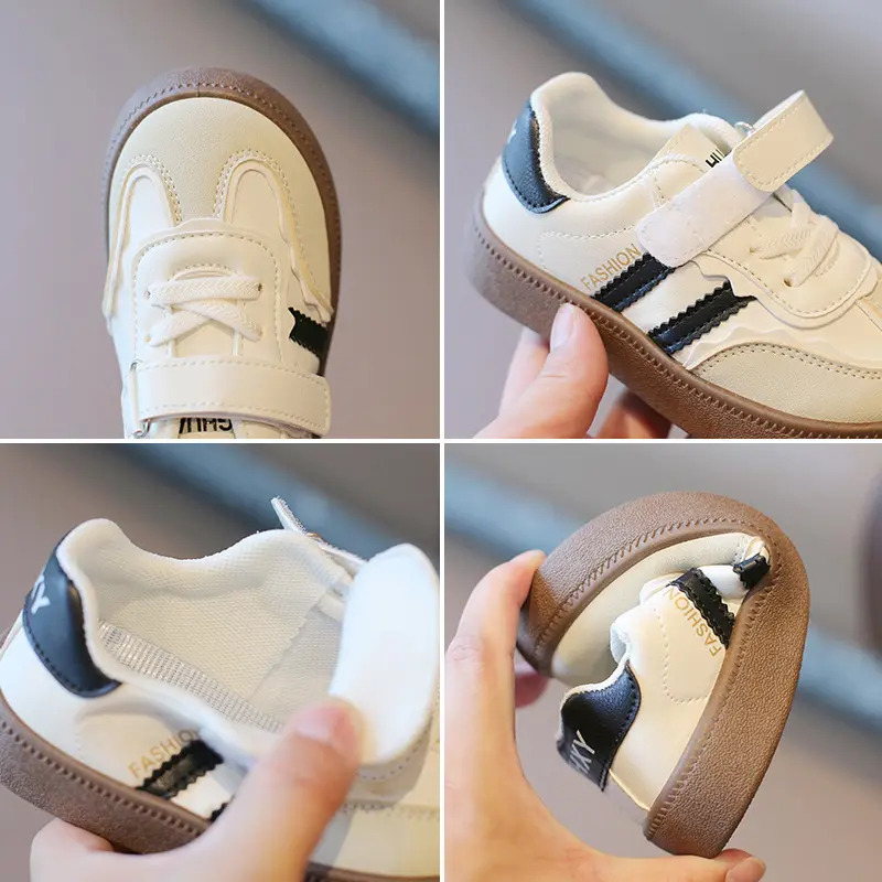 Boy Girl Patchwork Shoes Black Beige Stripes Kids Spring Autumn Baby Kid Casual Sports Shoes Flats Heel Children Sneakers H07173