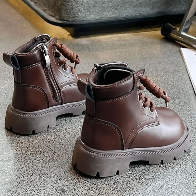 Handsome Children Short Boots Boy Thickened Leather Boots Girls Anti Slip Motorcycle Style Shoes Kids Fashion Ankle Boots H08233
