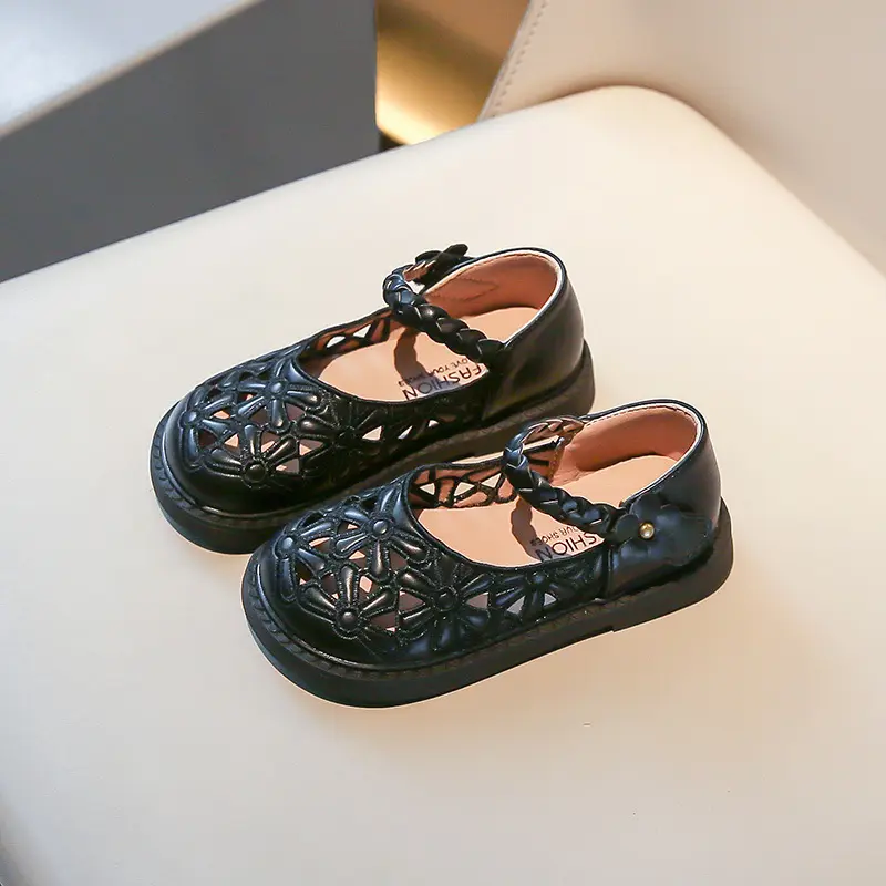 Summer Fall New Style Girls Princess Shoes Korean Style Little Girl Hollow PU Leather Shoes Baby Girl Flowers Dance Shoes I06296