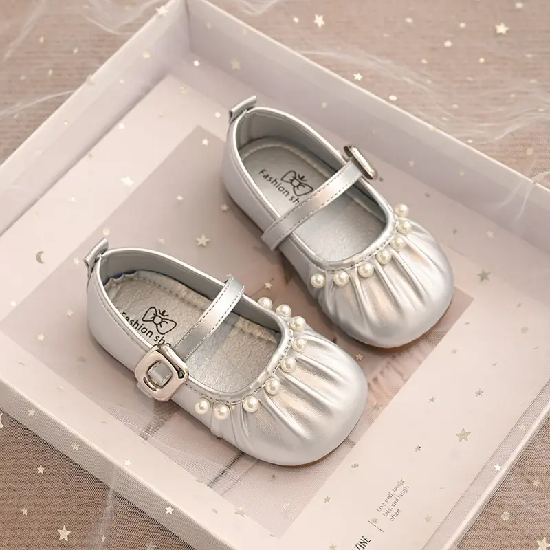 Cute Girl Pleated Mary Jane Shoes 2025 Summer Fall Stylish Princess Kids Shoes Girls Beige Brown Silver School Shoes Kids I06161