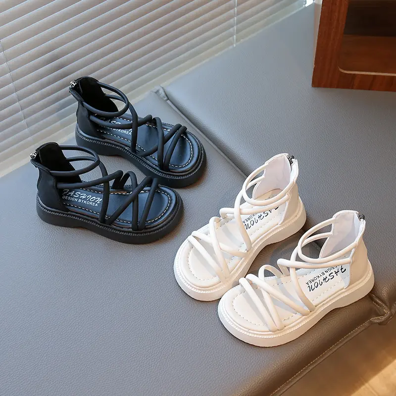 Girls narrow Band Sandals Cross-tied 2025 Summer New Soft Sole Breathable Beach Flats Kids Girls Casual Platfrom Footwear I06156