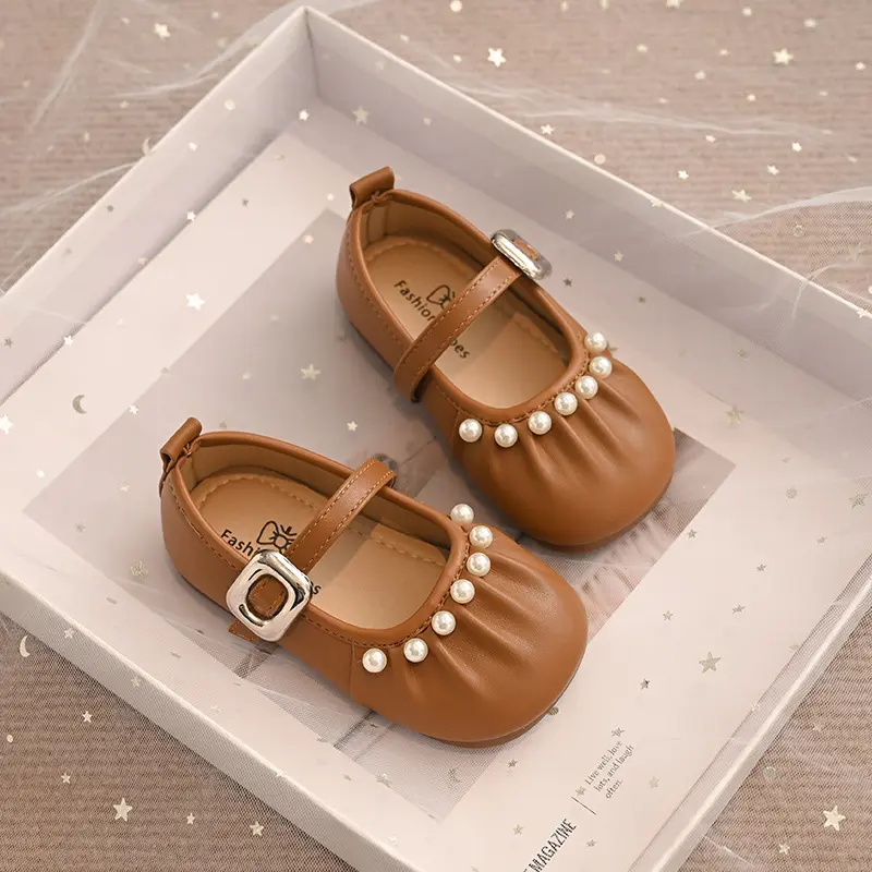 Cute Girl Pleated Mary Jane Shoes 2025 Summer Fall Stylish Princess Kids Shoes Girls Beige Brown Silver School Shoes Kids I06161