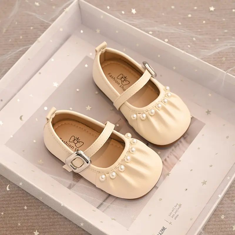 Cute Girl Pleated Mary Jane Shoes 2025 Summer Fall Stylish Princess Kids Shoes Girls Beige Brown Silver School Shoes Kids I06161