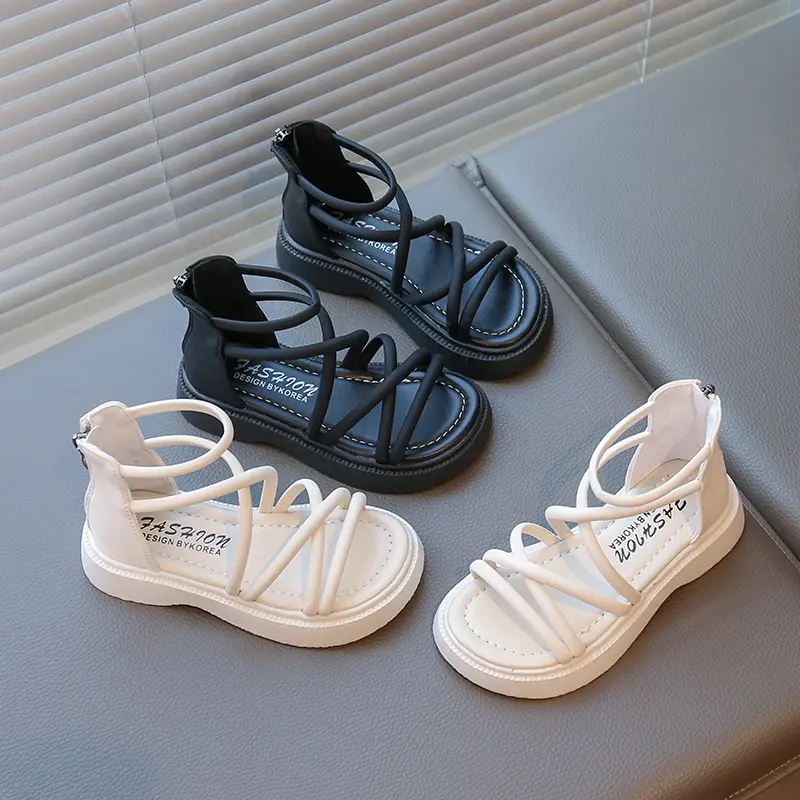 Girls narrow Band Sandals Cross-tied 2025 Summer New Soft Sole Breathable Beach Flats Kids Girls Casual Platfrom Footwear I06156