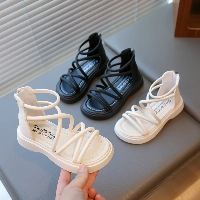 Girls narrow Band Sandals Cross-tied 2025 Summer New Soft Sole Breathable Beach Flats Kids Girls Casual Platfrom Footwear I06156