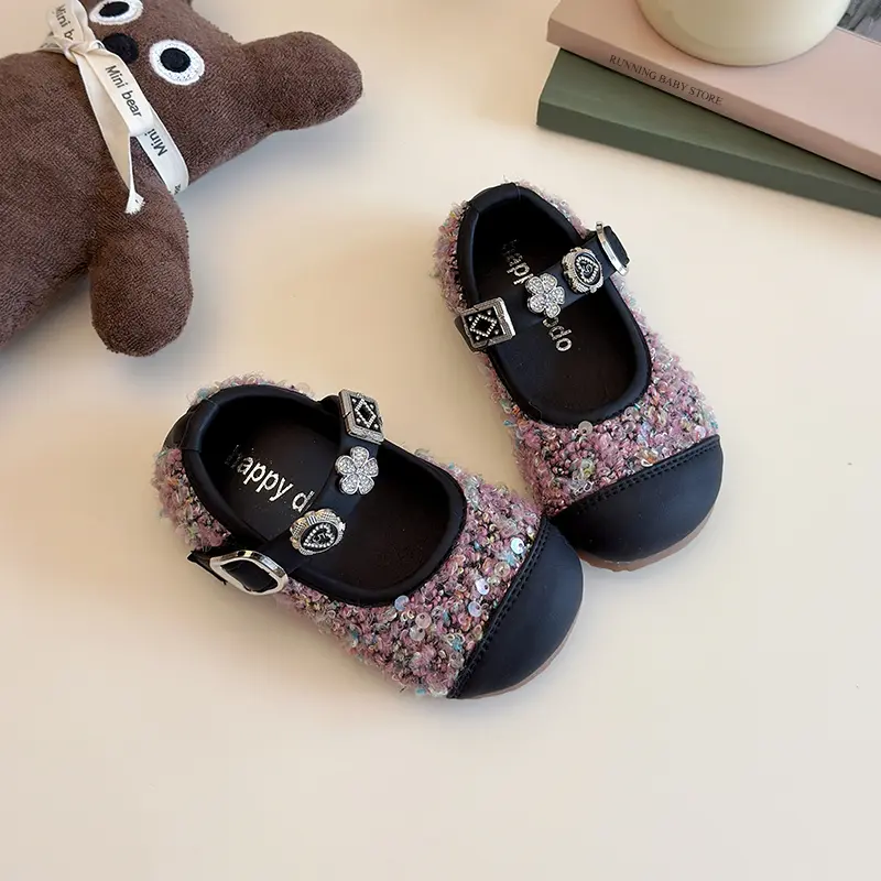 Girls Princess Leather Shoes All Covered Rhinestone Upper Wedding Party Shoes Girl Versatile Gorgeous Children's Footwear I03203