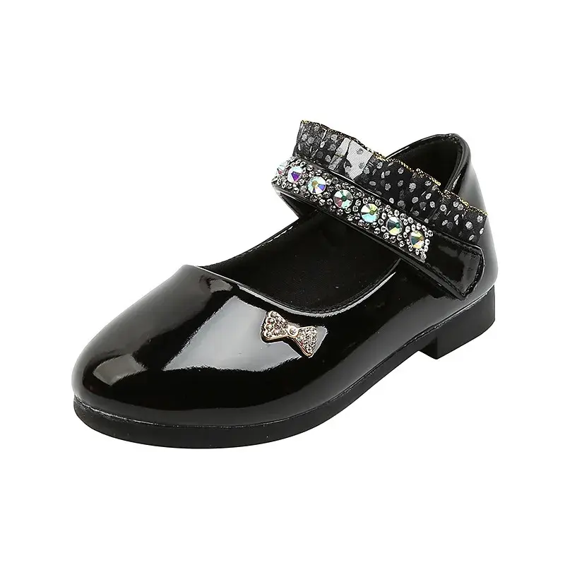 New Low Heels Princess Shoes Fashion Glossy PU Leather Shoes with Bow-tie 2025 Party Girls Shoes Bling Crystal Mary Janes I07014
