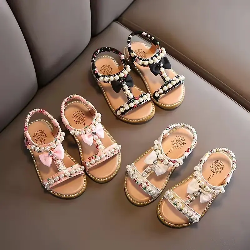 Sweet and Cute Bohemia Girls Sandals with Bow-tie 2024 Summer Children Roman Sandals Beading Flip Flops Beach Shoes Girl F02242