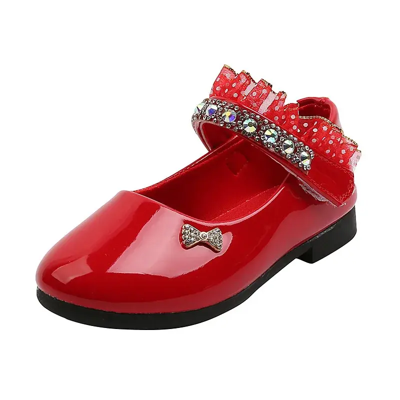 New Low Heels Princess Shoes Fashion Glossy PU Leather Shoes with Bow-tie 2025 Party Girls Shoes Bling Crystal Mary Janes I07014