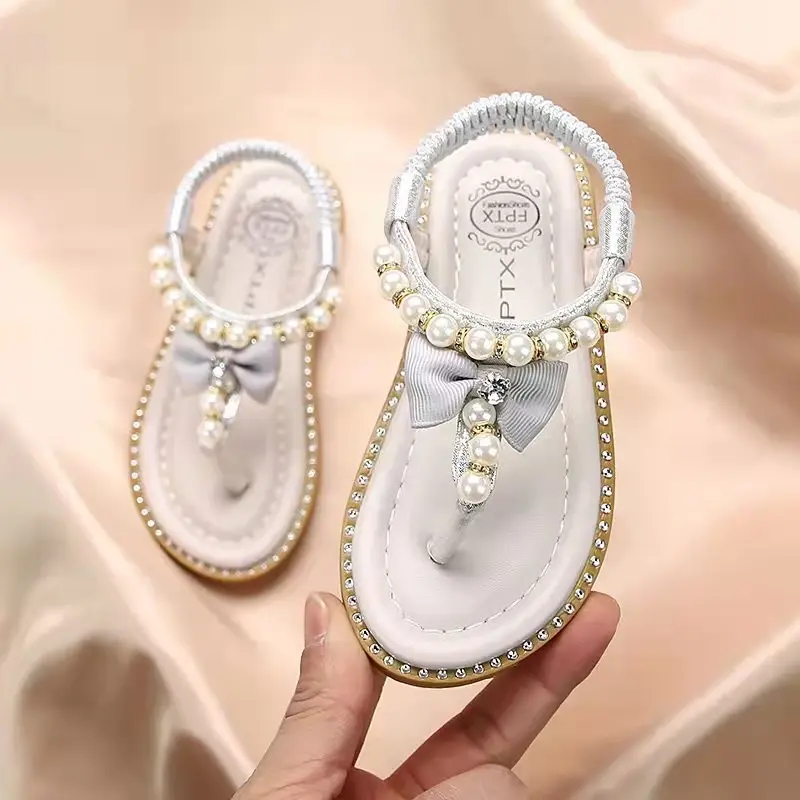Sweet and Cute Bohemia Girls Sandals with Bow-tie 2024 Summer Children Roman Sandals Beading Flip Flops Beach Shoes Girl F02242