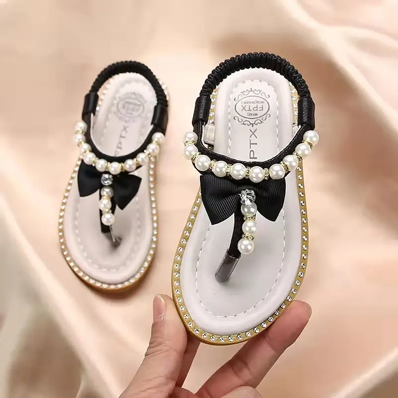 Sweet and Cute Bohemia Girls Sandals with Bow-tie 2024 Summer Children Roman Sandals Beading Flip Flops Beach Shoes Girl F02242