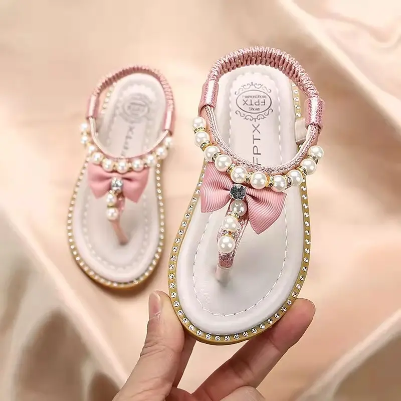 Sweet and Cute Bohemia Girls Sandals with Bow-tie 2024 Summer Children Roman Sandals Beading Flip Flops Beach Shoes Girl F02242