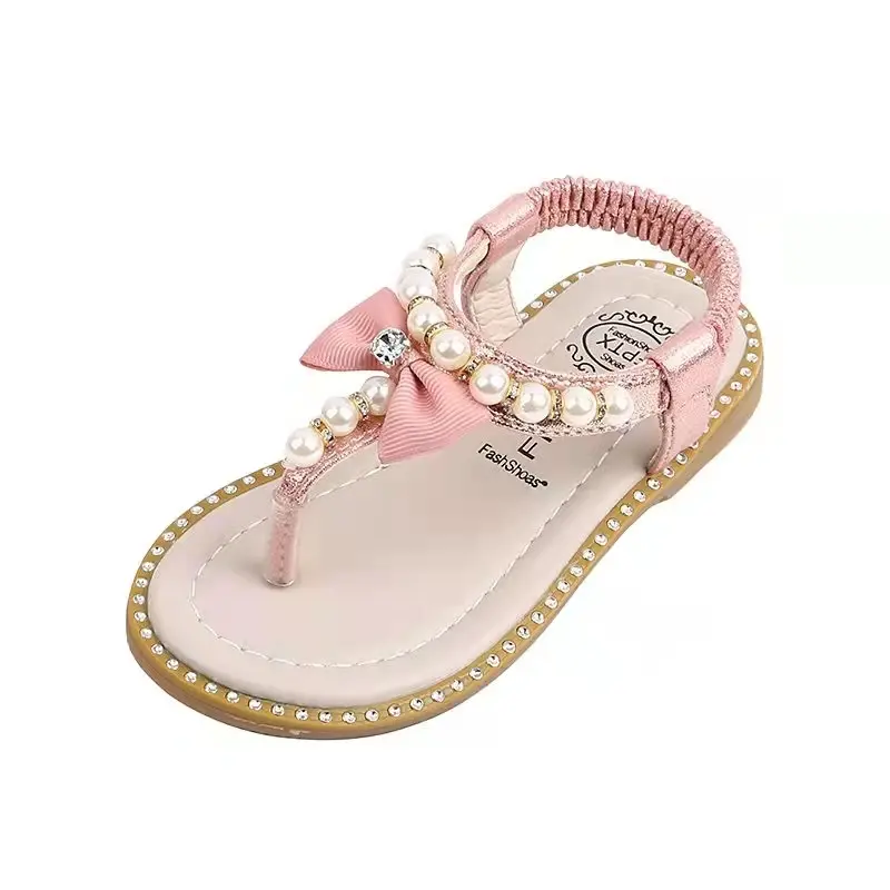 Sweet and Cute Bohemia Girls Sandals with Bow-tie 2024 Summer Children Roman Sandals Beading Flip Flops Beach Shoes Girl F02242