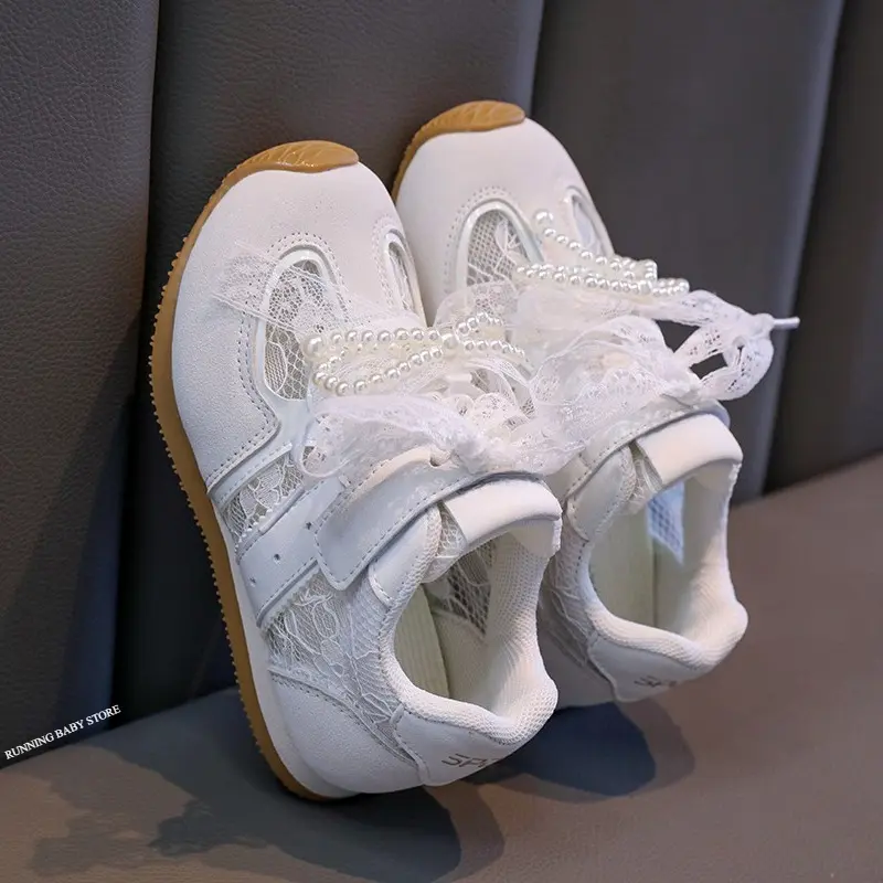 Brand Designer Children Sneakers Lace Mesh Vamp Enhances Airflow Kids Shoes Patchwork Princess Sneaker with Pearl Bow-tie I06213