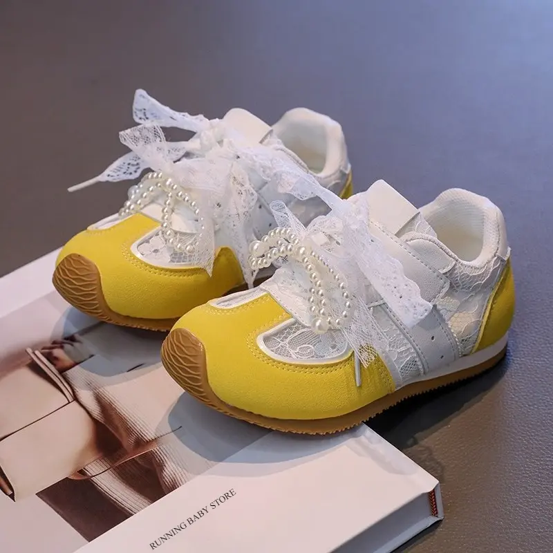 Brand Designer Children Sneakers Lace Mesh Vamp Enhances Airflow Kids Shoes Patchwork Princess Sneaker with Pearl Bow-tie I06213