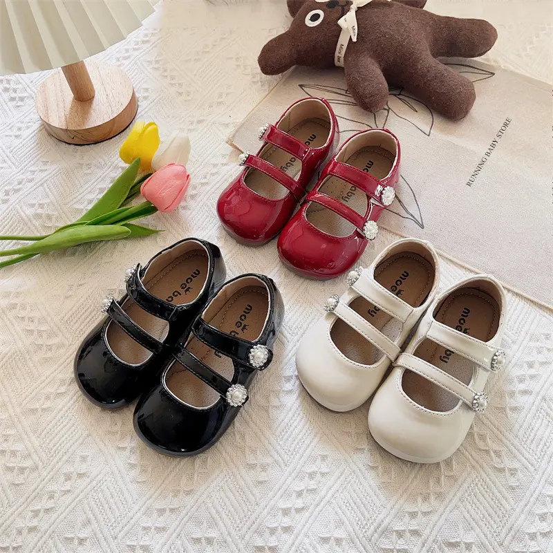 Spring Shoes Child British Style Anti-slippery College Style Casual Dreamlike Fashion Dress Shoes Girls Rhinestone Floral I03183
