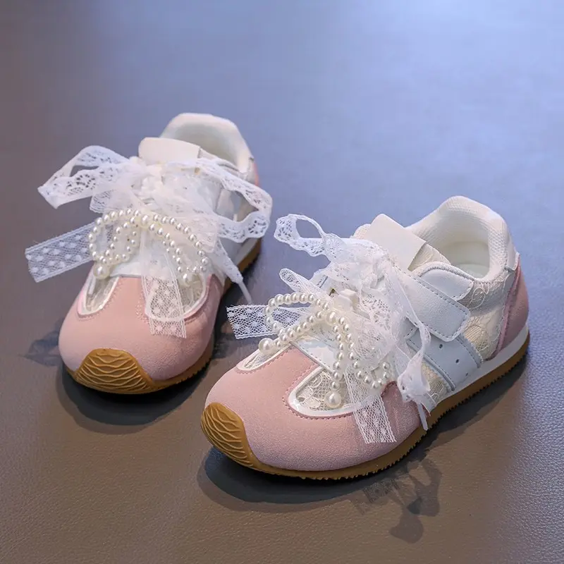 Brand Designer Children Sneakers Lace Mesh Vamp Enhances Airflow Kids Shoes Patchwork Princess Sneaker with Pearl Bow-tie I06213