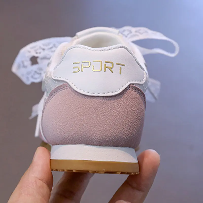 Brand Designer Children Sneakers Lace Mesh Vamp Enhances Airflow Kids Shoes Patchwork Princess Sneaker with Pearl Bow-tie I06213