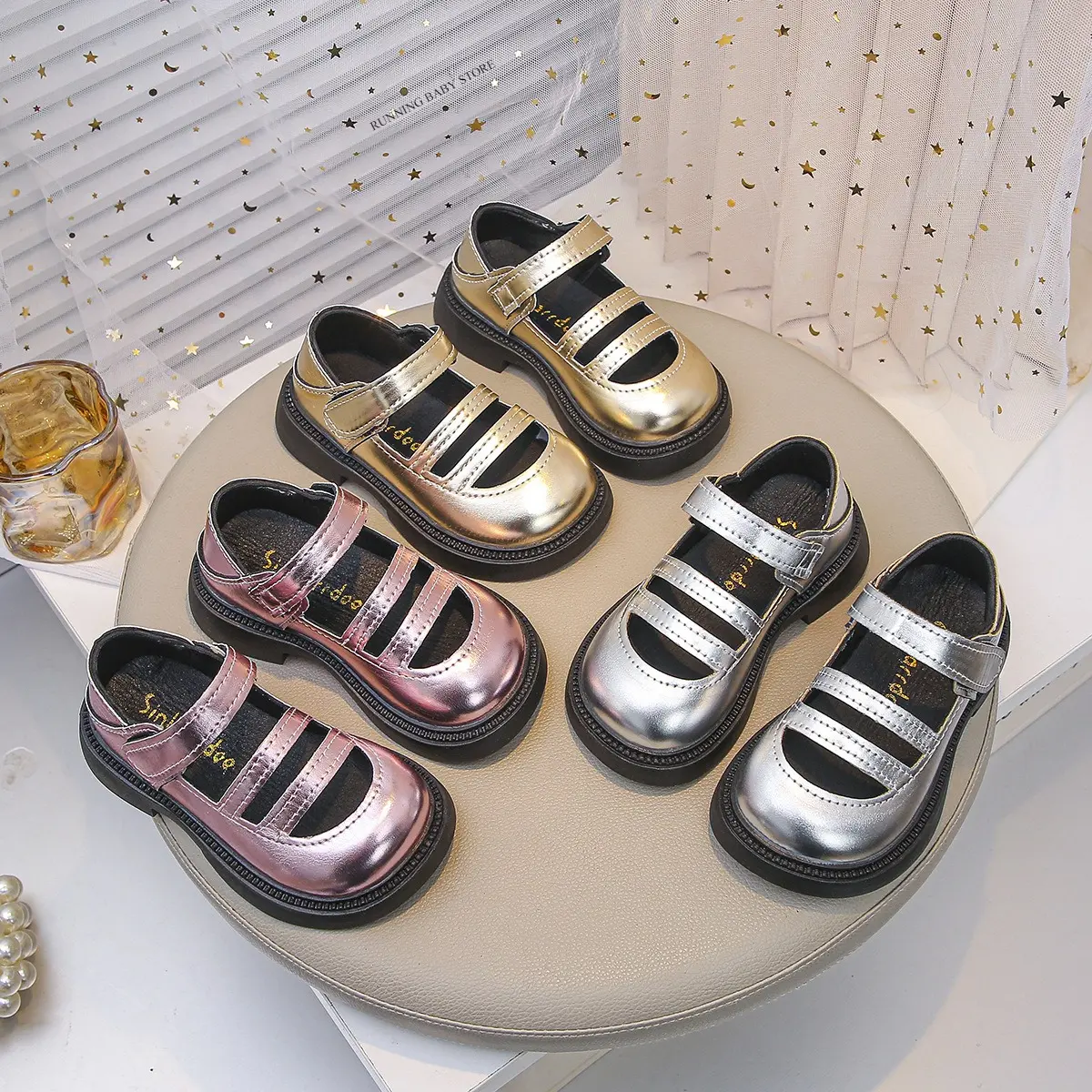 Kids Wedge Dance Performance Shoes Gold Pink Silver Girls Princess Shoes Round Toe 2025 New Girls Leather Shoes Soft Sole I05094