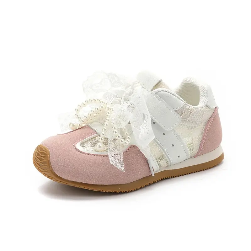 Brand Designer Children Sneakers Lace Mesh Vamp Enhances Airflow Kids Shoes Patchwork Princess Sneaker with Pearl Bow-tie I06213
