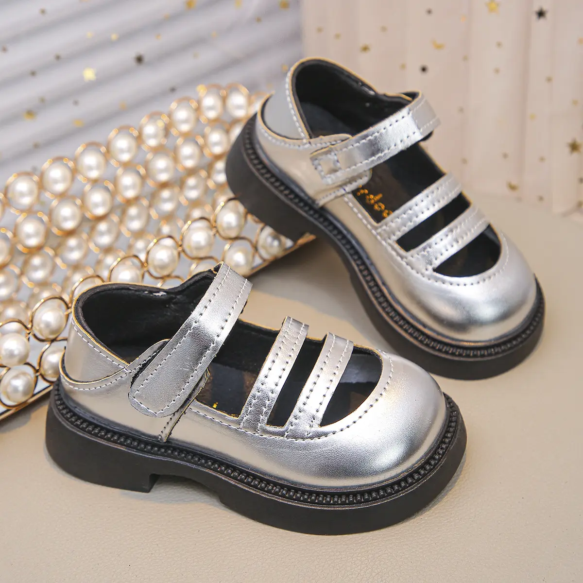Kids Wedge Dance Performance Shoes Gold Pink Silver Girls Princess Shoes Round Toe 2025 New Girls Leather Shoes Soft Sole I05094