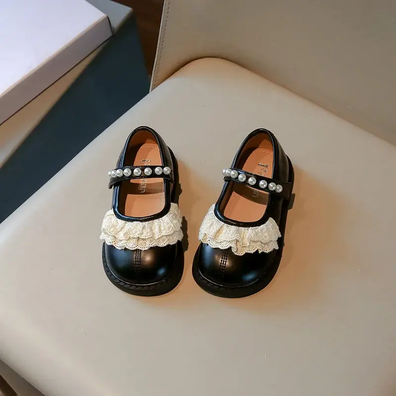 Fashion Soft Sole Student Shoes Girls Nice Lace Ruffles Performance Beaded Artificial Leather Shoes Kids mary janes Shoes H09055