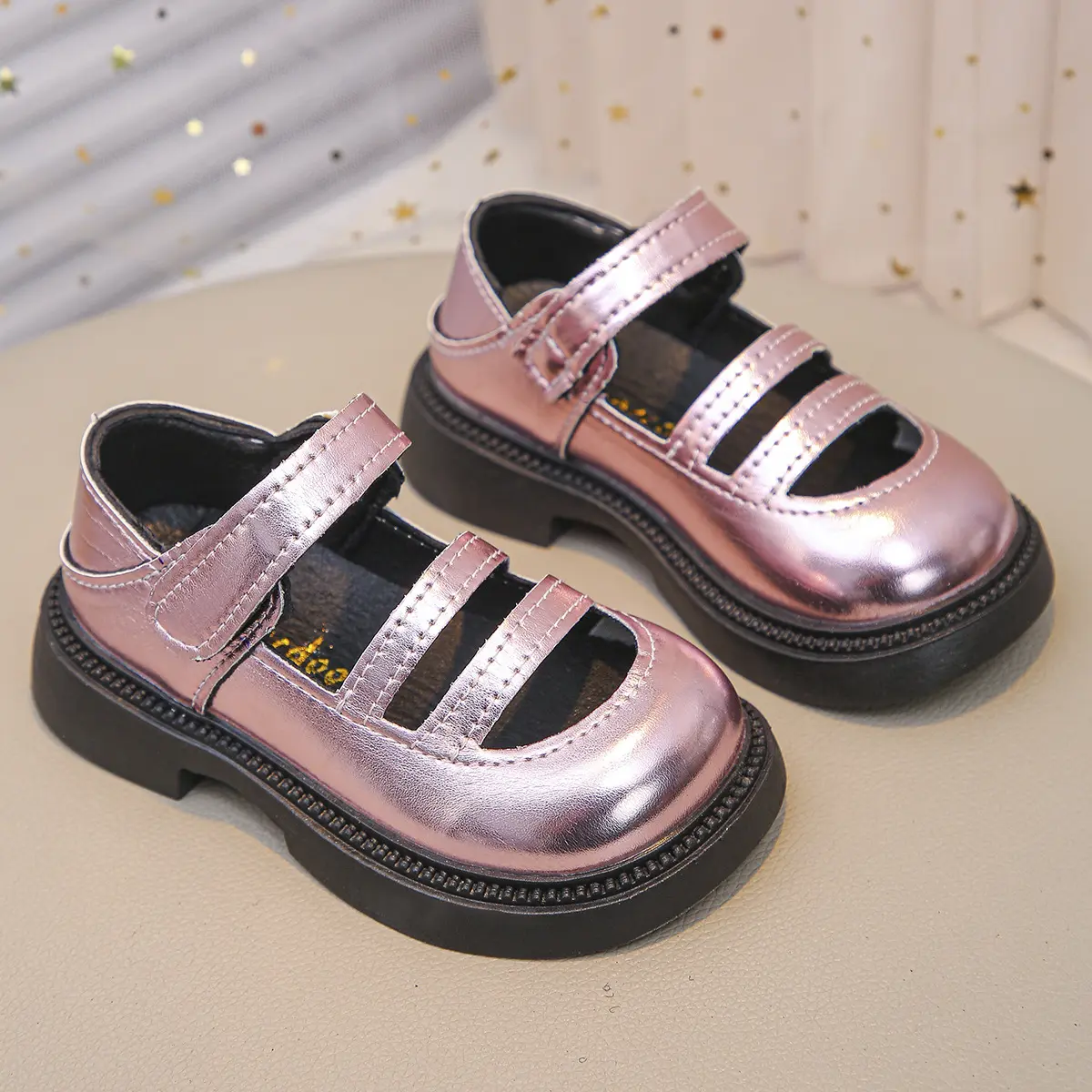 Kids Wedge Dance Performance Shoes Gold Pink Silver Girls Princess Shoes Round Toe 2025 New Girls Leather Shoes Soft Sole I05094