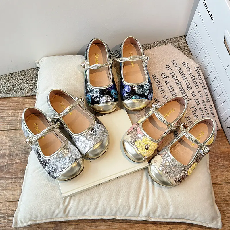 Children Patent Leather Shoes for Girls Kids Dress Shoes for Wedding Party Glitter Sequined Fabric with Flowers Mary Jane I07052