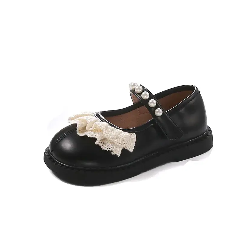 Fashion Soft Sole Student Shoes Girls Nice Lace Ruffles Performance Beaded Artificial Leather Shoes Kids mary janes Shoes H09055