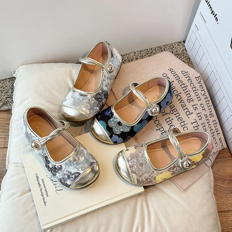 Children Patent Leather Shoes for Girls Kids Dress Shoes for Wedding Party Glitter Sequined Fabric with Flowers Mary Jane I07052