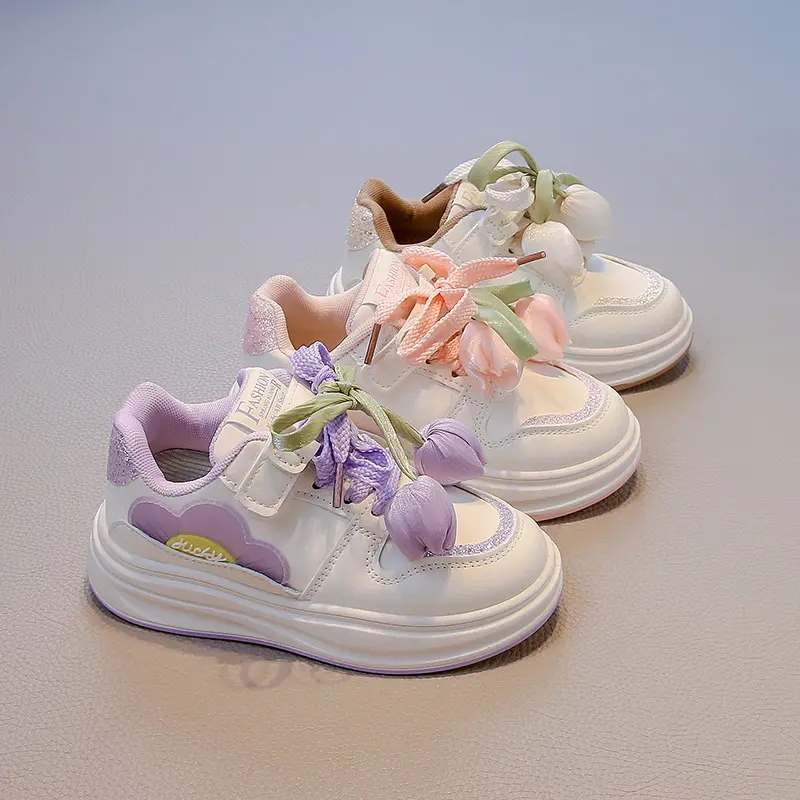 Girls Sneaker with Glitter Color Matching Non-slip Fashion Children Princess Tulip Bow-tie Shoes Kids Casual Running Shoe I07197
