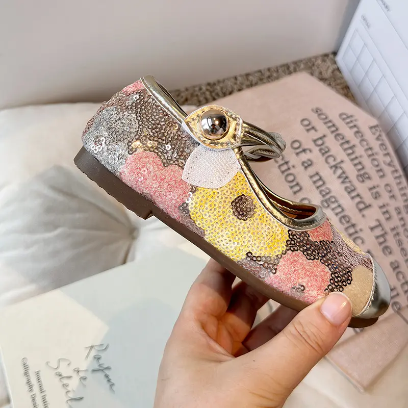 Children Patent Leather Shoes for Girls Kids Dress Shoes for Wedding Party Glitter Sequined Fabric with Flowers Mary Jane I07052