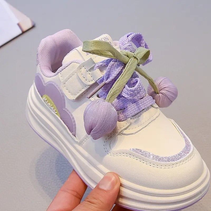 Girls Sneaker with Glitter Color Matching Non-slip Fashion Children Princess Tulip Bow-tie Shoes Kids Casual Running Shoe I07197