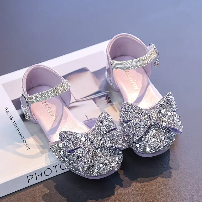 Girl's High Heels Rhinestone Princess Shoes Summer Little Girl Glitter Bow-knot Performance Dress Shoes for Evening Party I06018
